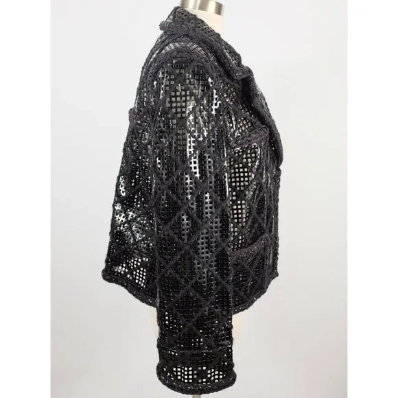 Chanel Brasserie 15K jacket coat 48 / 16 faux leather PVC perforated tweed black
